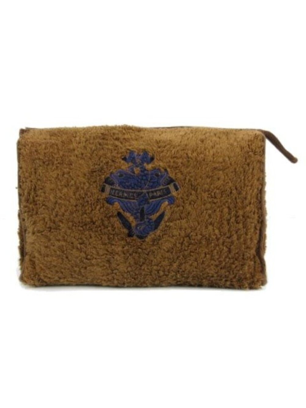 Hermes Logo Embroidery Pile Clutch Makeup Pouch Brown Navy